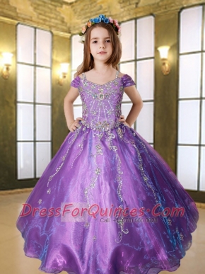 Purple Off The Shoulder Beading Little Gril Pageant Dress with Appliques
