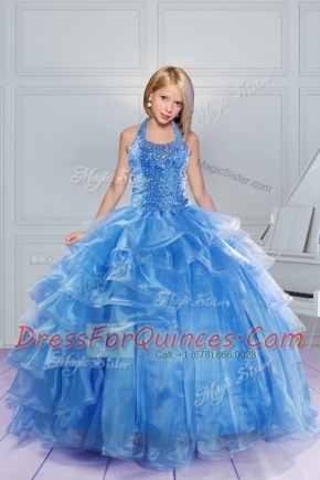 Halter Top Sleeveless Lace Up Floor Length Beading and Ruffles Toddler Flower Girl Dress