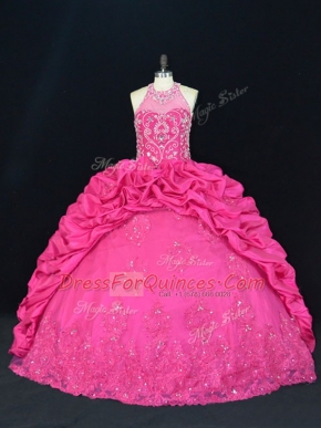 Customized Hot Pink Halter Top Neckline Beading and Appliques and Embroidery and Pick Ups Quinceanera Gown Sleeveless Lace Up