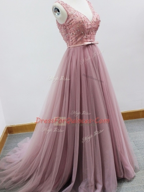 Pink Zipper Quinceanera Court of Honor Dress Beading and Belt Sleeveless Brush Train