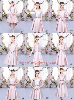 Hot Selling Sleeveless Satin High Low Lace Up Dama Dress in Baby Pink with Ruching