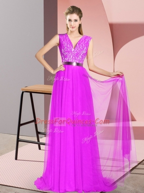 Unique Sleeveless Sweep Train Zipper Dress for Prom in Purple with Beading and Lace