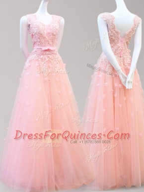 Fancy Baby Pink Tulle Lace Up Prom Dress Sleeveless Floor Length Appliques and Bowknot
