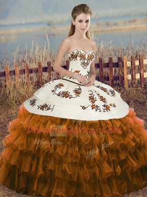Colorful Brown Organza Lace Up Vestidos de Quinceanera Sleeveless Floor Length Embroidery and Ruffled Layers and Bowknot
