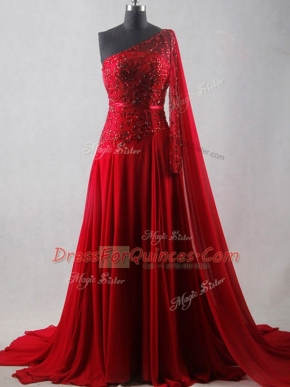 Wine Red One Shoulder Zipper Beading and Belt Prom Evening Gown Court Train Sleeveless