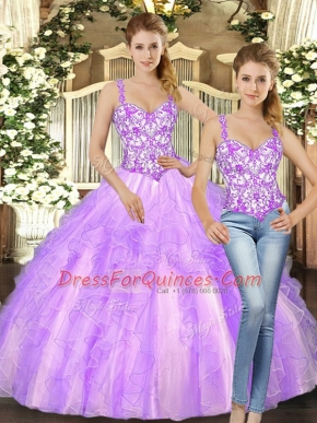 Traditional Lilac Ball Gowns Organza Straps Sleeveless Beading and Ruffles Floor Length Lace Up Sweet 16 Dresses