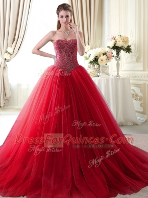 Great Sweetheart Sleeveless Quince Ball Gowns With Brush Train Beading Red Tulle