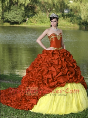Appliques and Pick-ups Romanntic Red Brush Train Exquisite Style  Quinceanera Dress