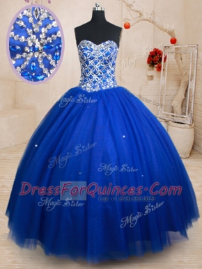 Customized Royal Blue Sleeveless Beading Floor Length 15th Birthday Dress