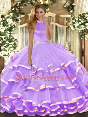 Custom Designed Organza Halter Top Sleeveless Backless Beading and Ruffled Layers Sweet 16 Quinceanera Dress in Lavender