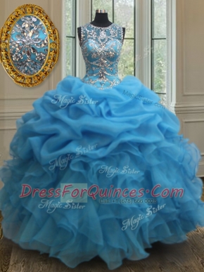 See Through Baby Blue Ball Gowns Organza Scoop Sleeveless Beading and Ruffles and Pick Ups Floor Length Lace Up 15th Birthday Dress