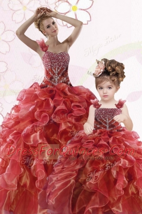 Affordable One Shoulder Beading and Ruffles Sweet 16 Quinceanera Dress Coral Red Lace Up Sleeveless Floor Length