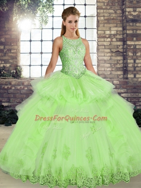 Exceptional Yellow Green Ball Gowns Lace and Embroidery and Ruffles Quince Ball Gowns Lace Up Tulle Sleeveless Floor Length