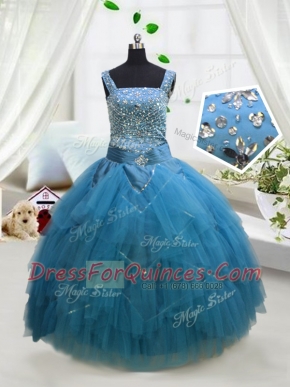 Designer Floor Length Lace Up Toddler Flower Girl Dress Aqua Blue for Party and Wedding Party with Beading and Ruffles