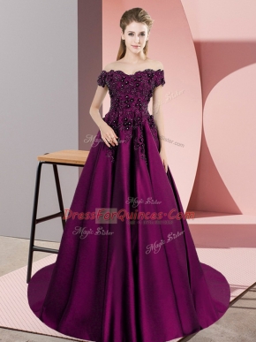 Purple Sleeveless Court Train Lace Sweet 16 Dress