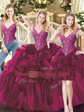 Sleeveless Floor Length Beading and Ruffles Lace Up Sweet 16 Dresses with Fuchsia