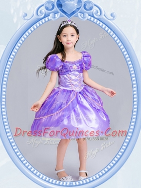 Lavender Square Side Zipper Beading and Bowknot Flower Girl Dresses for Less Short Sleeves