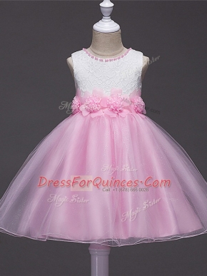 Baby Pink Ball Gowns Scoop Sleeveless Tulle Knee Length Zipper Lace and Hand Made Flower Kids Pageant Dress