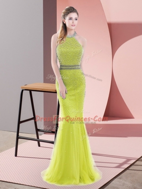 Spectacular Yellow Green Tulle Backless Prom Party Dress Sleeveless Sweep Train Beading