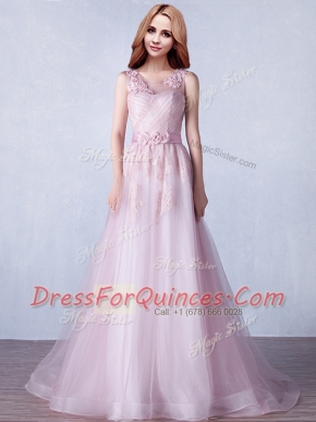 Pink A-line Tulle Scoop Sleeveless Appliques and Hand Made Flower With Train Zipper Brush Train
