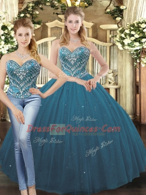 Superior Teal Sleeveless Tulle Lace Up Quince Ball Gowns for Military Ball and Sweet 16 and Quinceanera