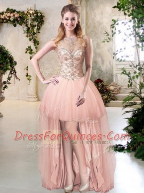 Shining Tulle Scoop Sleeveless Zipper Beading Evening Dress in Peach