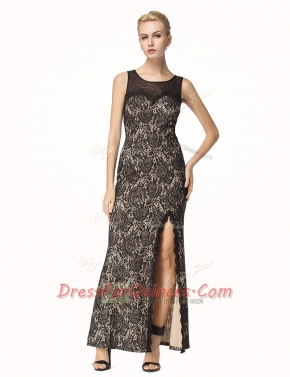 High Class Scoop Sleeveless Evening Dress Ankle Length Lace Black Lace