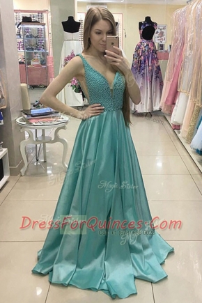 Green V-neck Neckline Beading Prom Party Dress Sleeveless Zipper