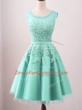 Popular Turquoise Tulle Lace Up Scoop Sleeveless Knee Length Damas Dress Lace