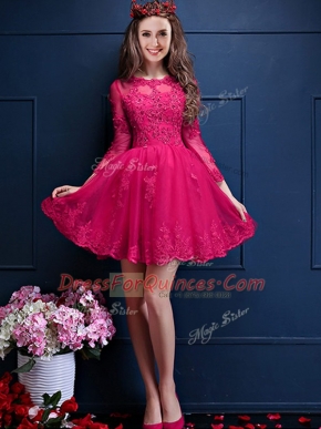 Hot Pink A-line Chiffon Scalloped 3 4 Length Sleeve Beading and Lace and Appliques Mini Length Lace Up Dama Dress