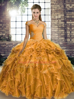 Off The Shoulder Sleeveless Brush Train Lace Up Quinceanera Dress Gold Organza