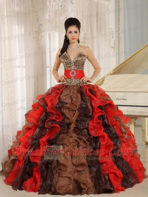 Quinceanera Dress Wholesale Multi-color 2013 V-neck Ruffles With Leopard and Beading