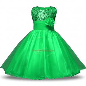 Glittering Organza and Sequined Scoop Sleeveless Zipper Belt and Hand Made Flower Flower Girl Dress in Green