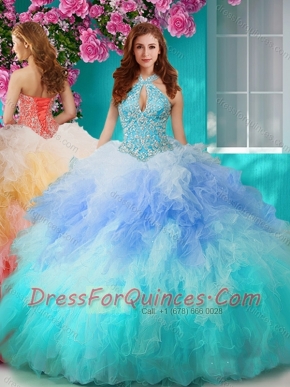 Exclusive Rainbow Halter Top Sweet 16 Dress with Beading and Ruffles