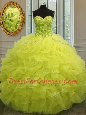 Luxury Yellow Lace Up Quince Ball Gowns Beading and Ruffles Sleeveless Floor Length