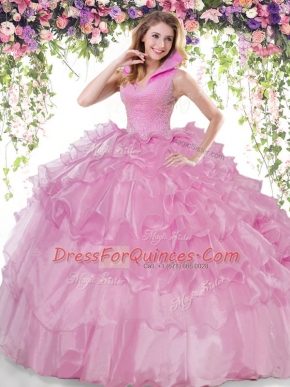 Fabulous Backless High-neck Sleeveless Sweet 16 Quinceanera Dress Floor Length Beading and Ruffled Layers Lilac Organza