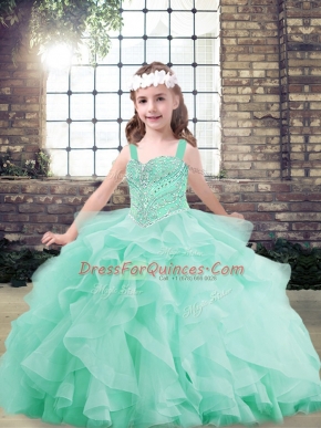 Stunning Apple Green Tulle Lace Up Straps Sleeveless Floor Length Kids Formal Wear Beading and Ruffles