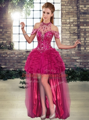 Fuchsia Lace Up Halter Top Beading and Ruffles Prom Dresses Tulle Sleeveless