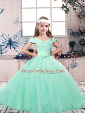 Sleeveless Floor Length Lace and Belt Lace Up Little Girls Pageant Dress with Apple Green