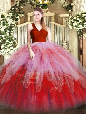 V-neck Sleeveless Quinceanera Dress Floor Length Ruffles Multi-color Organza