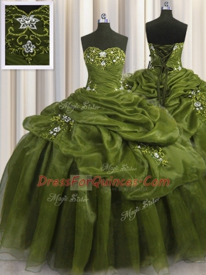 Olive Green Organza Lace Up Sweetheart Sleeveless Floor Length Quinceanera Dresses Beading and Appliques and Pick Ups