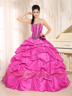 Elegant Hot Pink Beaded and Hand Made Flowers Quinceanera Dress With Pick-ups