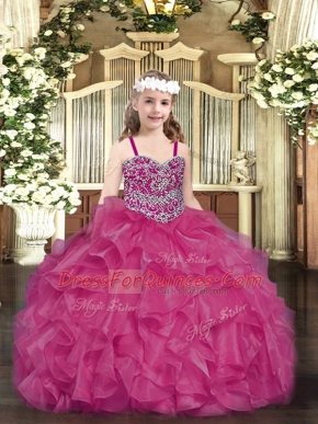 Low Price Fuchsia Sleeveless Organza Lace Up Kids Formal Wear for Party and Quinceanera