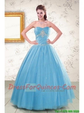 2015 New Style Strapless Beading Quinceanera Dresses in Aqua Blue
