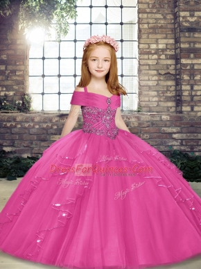 Charming Floor Length Hot Pink Pageant Dress for Girls Tulle Sleeveless Beading