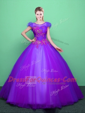 Dramatic Purple Scoop Neckline Appliques Quinceanera Gown Short Sleeves Lace Up