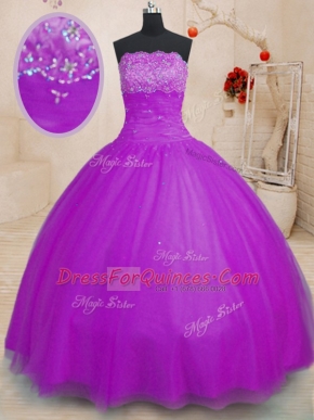 Custom Fit Purple Tulle Lace Up Sweet 16 Dresses Sleeveless Floor Length Beading
