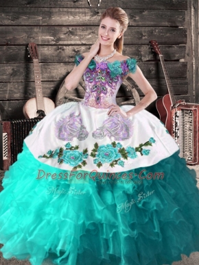 Organza Off The Shoulder Sleeveless Lace Up Embroidery 15th Birthday Dress in Aqua Blue