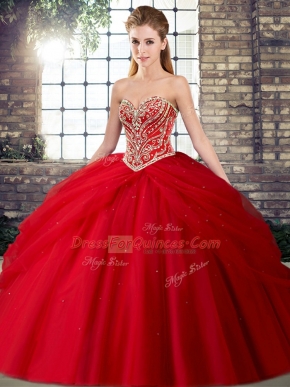 Ideal Red Ball Gowns Beading and Pick Ups Quinceanera Gowns Lace Up Tulle Sleeveless