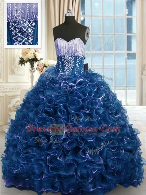 Beading and Ruffles Quinceanera Gown Navy Blue Lace Up Sleeveless With Brush Train